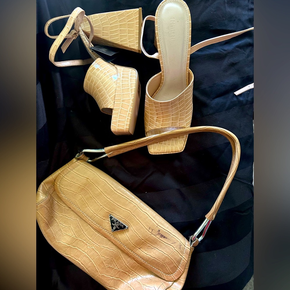 Tan Croc-Embossed Handbag and Platform Sandals Set